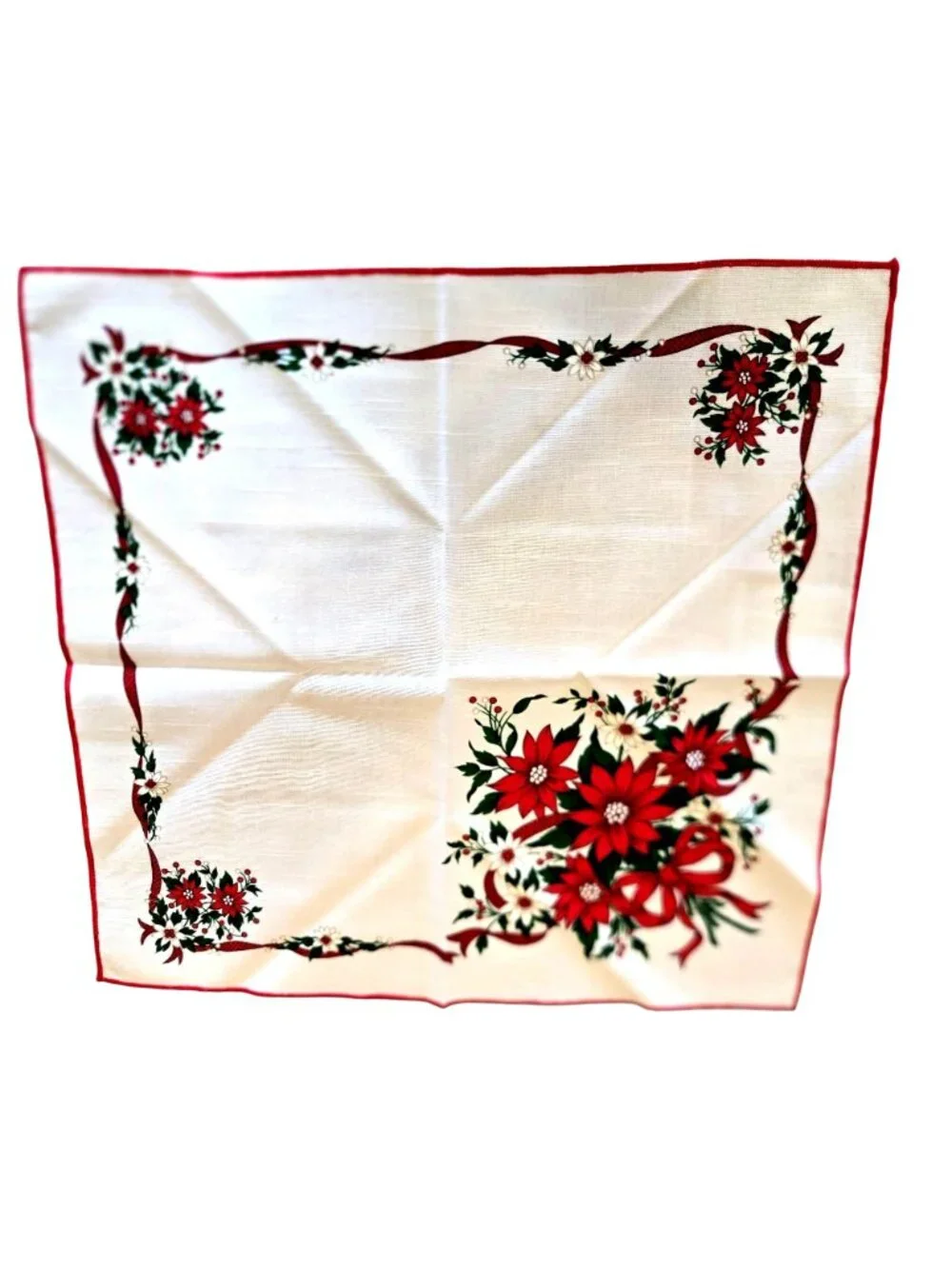 Set Of 4 Vintage Christmas Poinsettia Red White Square Dining Napkins